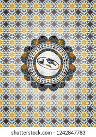 flat earth icon inside arabic style emblem. Arabesque decoration.