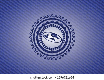 flat earth icon inside badge with jean texture
