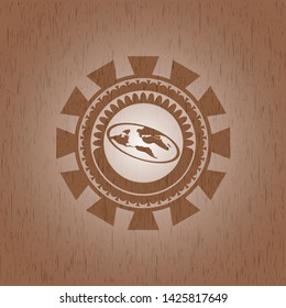 flat earth icon inside badge with wood background