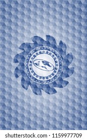 flat earth icon inside blue polygonal emblem.