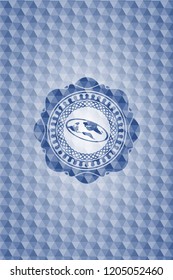 flat earth icon inside blue emblem or badge with abstract geometric polygonal pattern background.