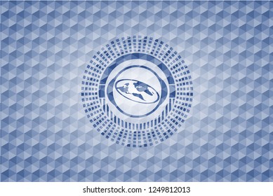 flat earth icon inside blue emblem or badge with geometric pattern background.