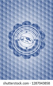 flat earth icon inside blue emblem with geometric background.