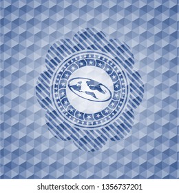 flat earth icon inside blue emblem with geometric pattern background.