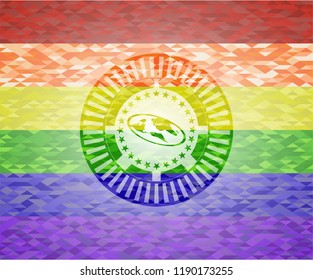 flat earth icon inside emblem on mosaic background with the colors of the LGBT flag
