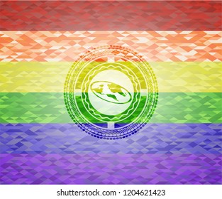 flat earth icon inside emblem on mosaic background with the colors of the LGBT flag