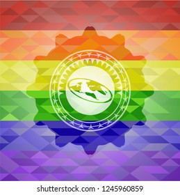 flat earth icon inside emblem on mosaic background with the colors of the LGBT flag