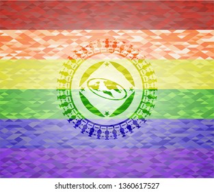 flat earth icon inside emblem on mosaic background with the colors of the LGBT flag