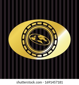 flat earth icon inside gold emblem