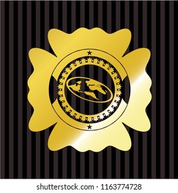 flat earth icon inside golden emblem or badge