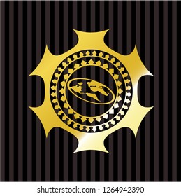 flat earth icon inside golden emblem or badge