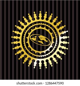 flat earth icon inside golden emblem or badge
