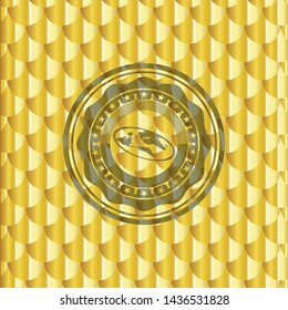flat earth icon inside golden emblem or badge. Scales pattern. Vector Illustration. Detailed.
