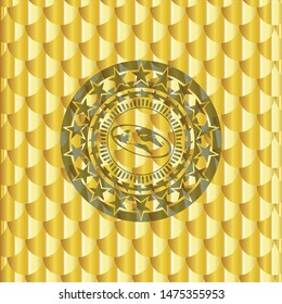 flat earth icon inside golden emblem or badge. Scales pattern. Vector Illustration. Detailed.