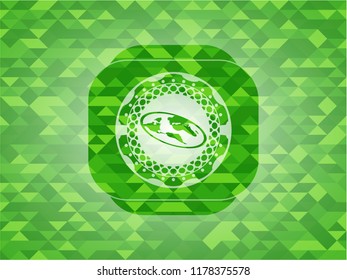 flat earth icon inside green emblem with triangle mosaic background