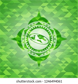 flat earth icon inside green emblem. Mosaic background