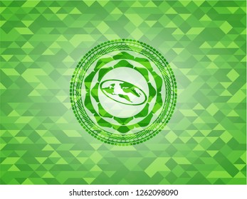 flat earth icon inside green emblem. Mosaic background