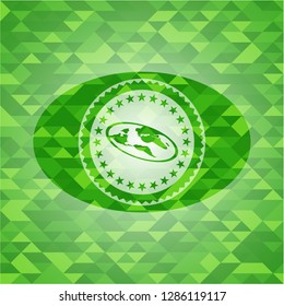 flat earth icon inside green emblem with mosaic background