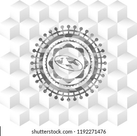 flat earth icon inside grey emblem. Retro with geometric cube white background