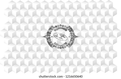 flat earth icon inside grey badge with geometric cube white background