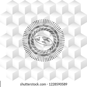 flat earth icon inside grey icon or emblem with geometric cube white background