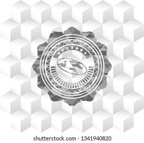 flat earth icon inside grey emblem. Vintage with geometric cube white background