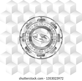 flat earth icon inside grey badge with geometric cube white background
