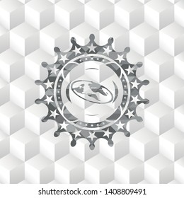 flat earth icon inside grey badge with geometric cube white background