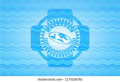 flat earth icon inside light blue water wave style badge.