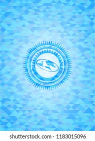 flat earth icon inside light blue emblem. Mosaic background