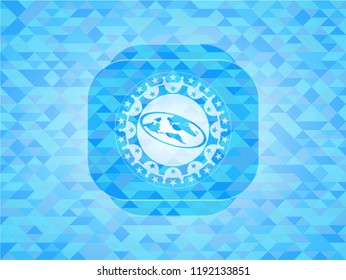flat earth icon inside light blue emblem. Mosaic background