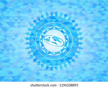 flat earth icon inside light blue emblem with triangle mosaic background