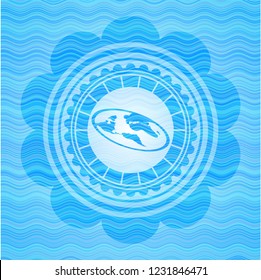 flat earth icon inside light blue water wave emblem background.