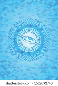 flat earth icon inside light blue emblem with triangle mosaic background