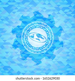 flat earth icon inside light blue emblem with mosaic background