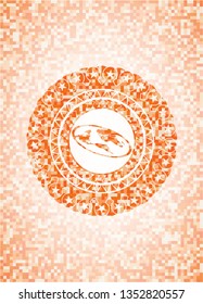 flat earth icon inside orange mosaic emblem with background