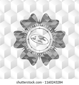 flat earth icon inside realistic grey emblem with geometric cube white background