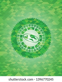 flat earth icon inside realistic green emblem. Mosaic background