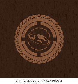 flat earth icon inside realistic wood emblem