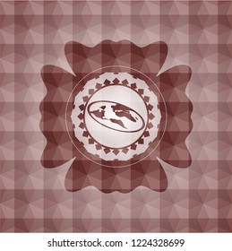 flat earth icon inside red seamless emblem with geometric background.