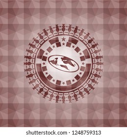 flat earth icon inside red emblem or badge with geometric pattern background. Seamless.