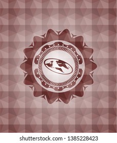 flat earth icon inside red seamless emblem or badge with geometric pattern background.