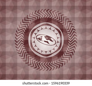 flat earth icon inside red seamless emblem or badge with geometric pattern background.