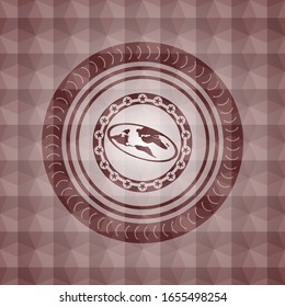 icono de tierra plana dentro de un emblema sin fisuras rojo con un patrón geométrico.