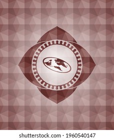 flat earth icon inside red seamless emblem or badge with abstract geometric pattern background. 