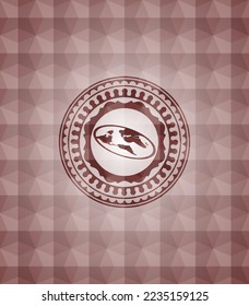 icono de tierra plana dentro de un emblema sin soldadura rojo con fondo de patrón geométrico. 