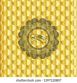 flat earth icon inside shiny golden badge. Scales pattern. Vector Illustration. Detailed.