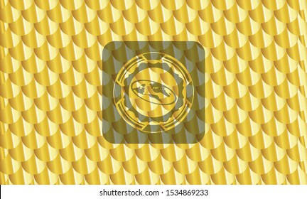 flat earth icon inside shiny golden emblem. Scales pattern. Vector Illustration. Detailed.