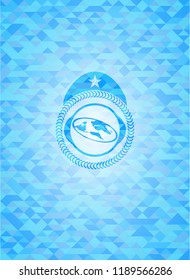 flat earth icon inside sky blue emblem with triangle mosaic background