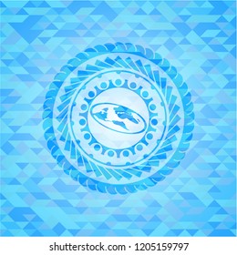 flat earth icon inside sky blue emblem. Mosaic background